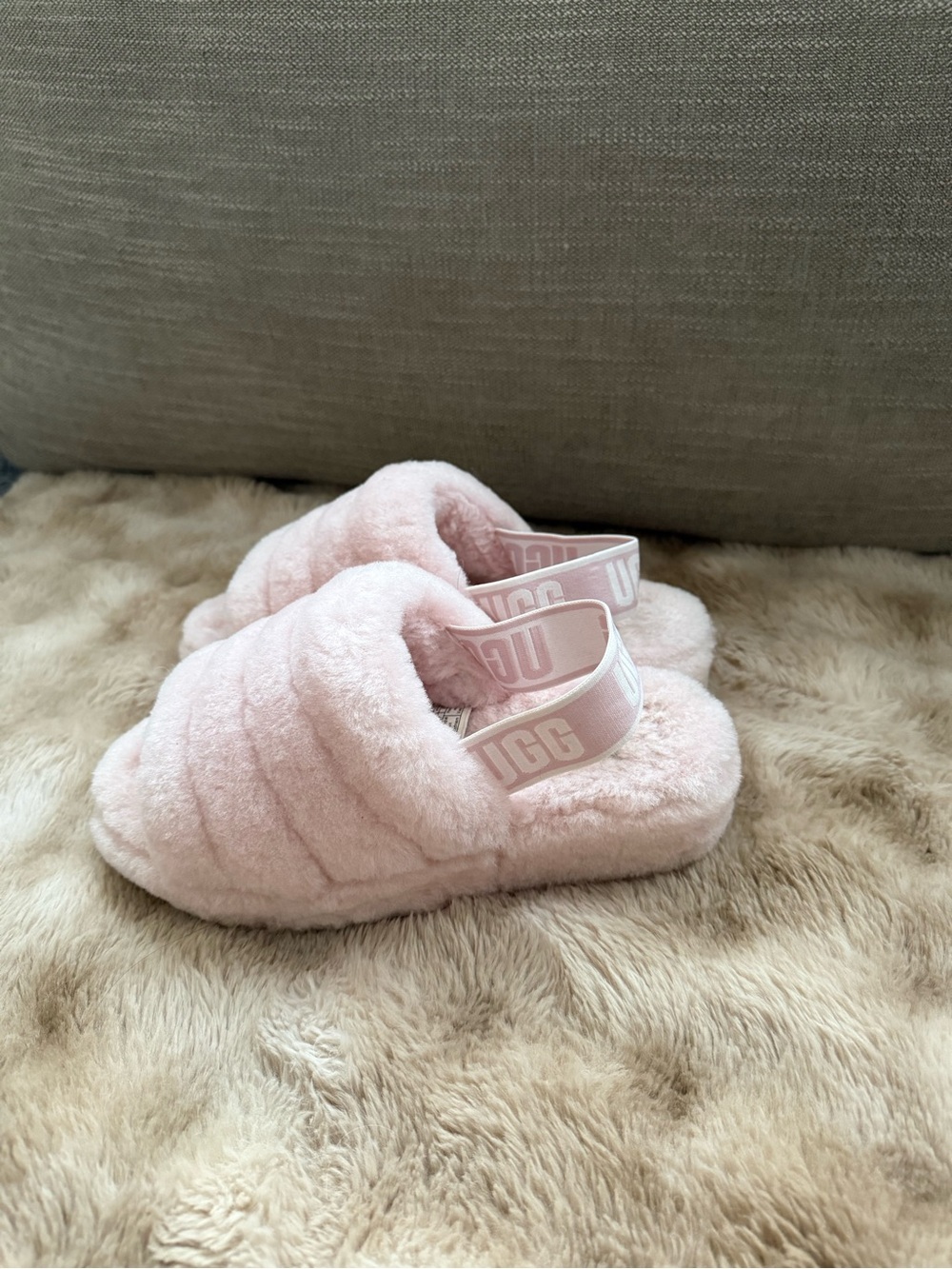 UGG Kids Pink Fluff Slide Slippers with Branded Elastic Heel
